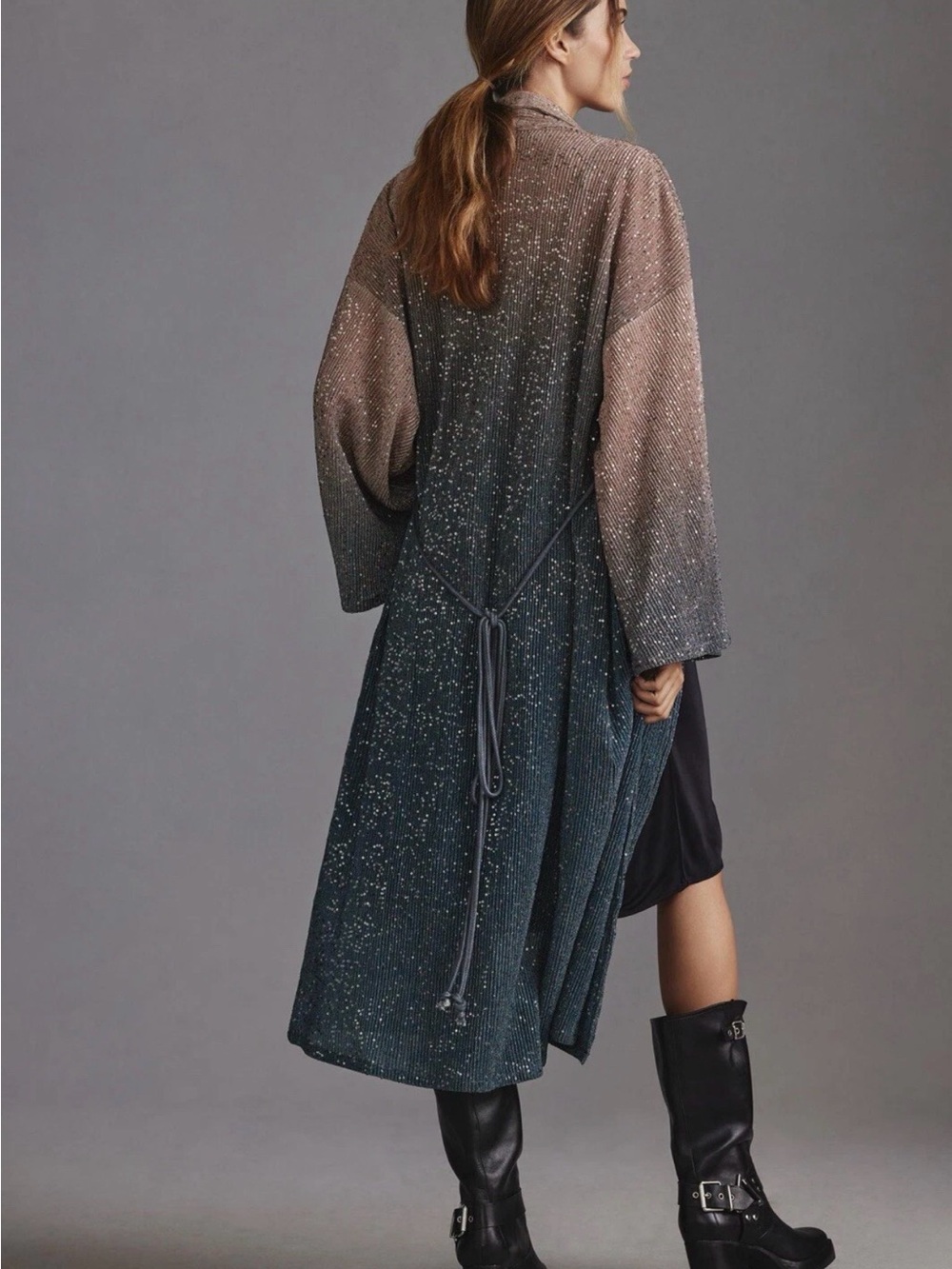 Anthropologie Ombré Shine Sequin Duster Kimono Cardigan Boho Glam Metallic NWT - Picture 3 of 7